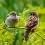 Two sparrows sit on a branch